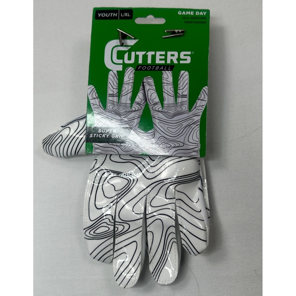 Cutters Youth XL Game Day Football Receiver Gloves White Speed Grip S150-03-TOPO